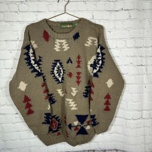Outback Red Vintage 100% Wool Southwestern Geometric Chunky Knit Sweater Brown M